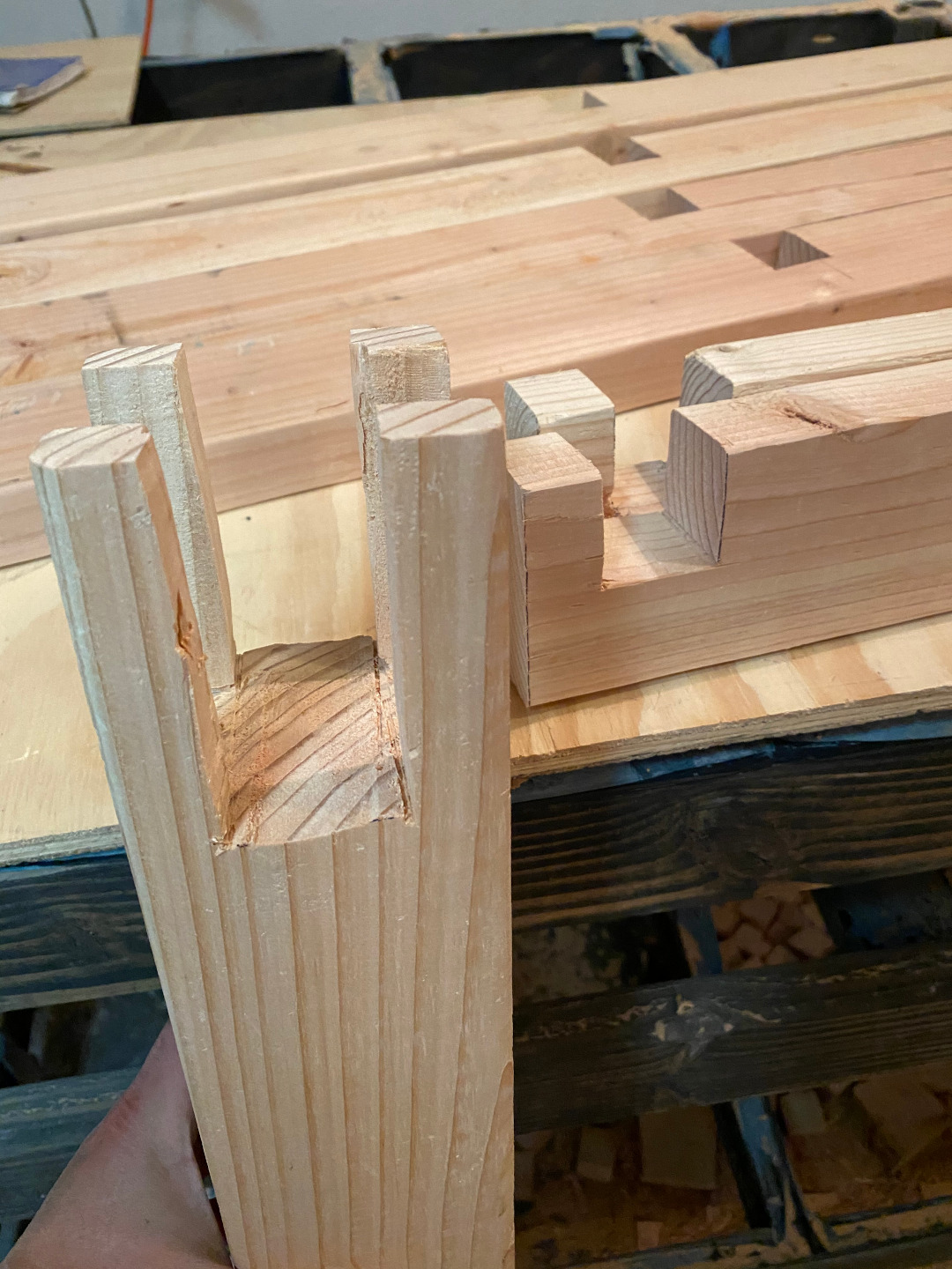 Notches cut out of end of 2X4 and 4X4