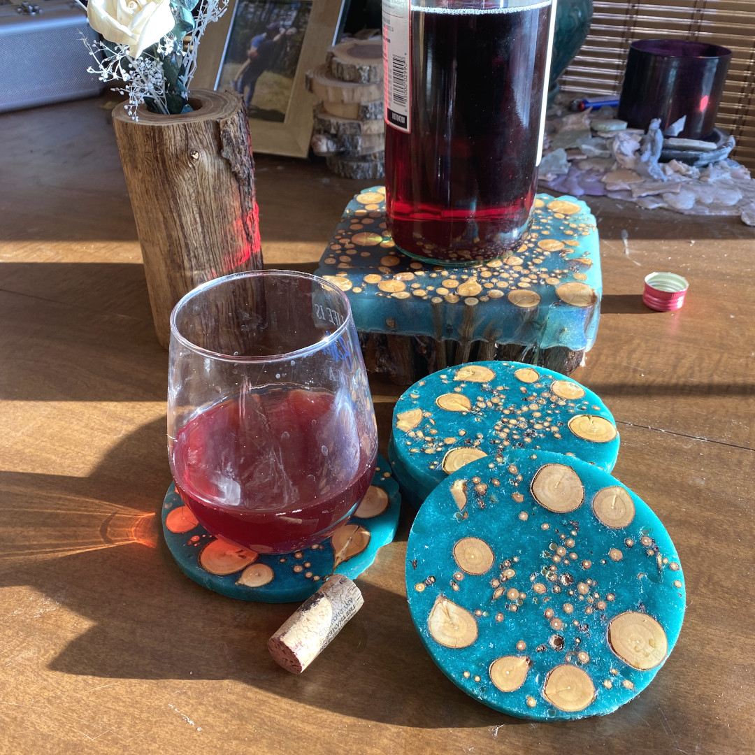 01. Aqua Peach Branch Epoxy Coasters and Stand1